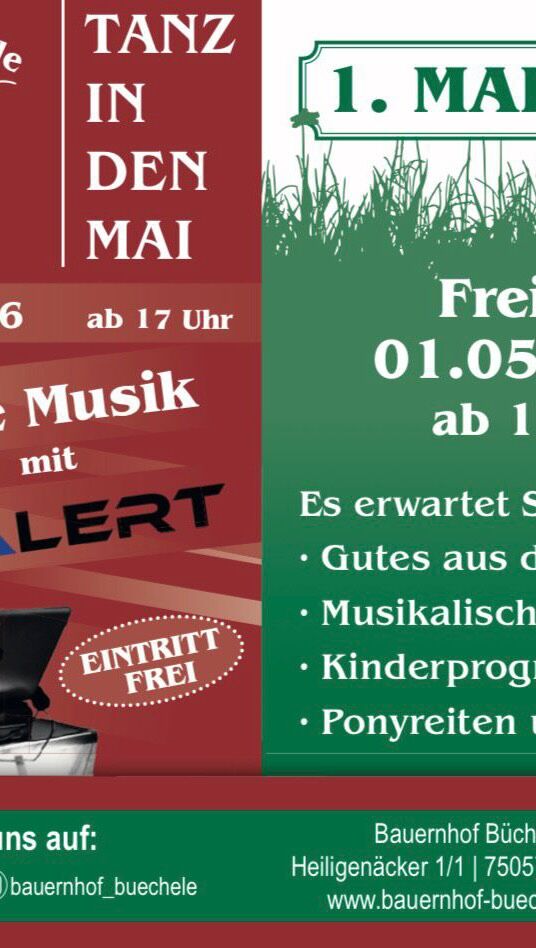 Tanz in den Mai & 1. Mai Fest 🌿🎶
Am 30.04.2026 & 01.05.2026 gehts bei uns wieder rund🥳
Feier mit uns zwei Tage
 voller Musik, guter Stimmung & Genuss auf dem Bauernhof! 🐄🍻
Kommt vorbei und startet gemeinsam mit uns in den Mai hinein☀️

#TanzindenMai #MaiFest #LiveMusik #Kürnbach feiernaufdemland
